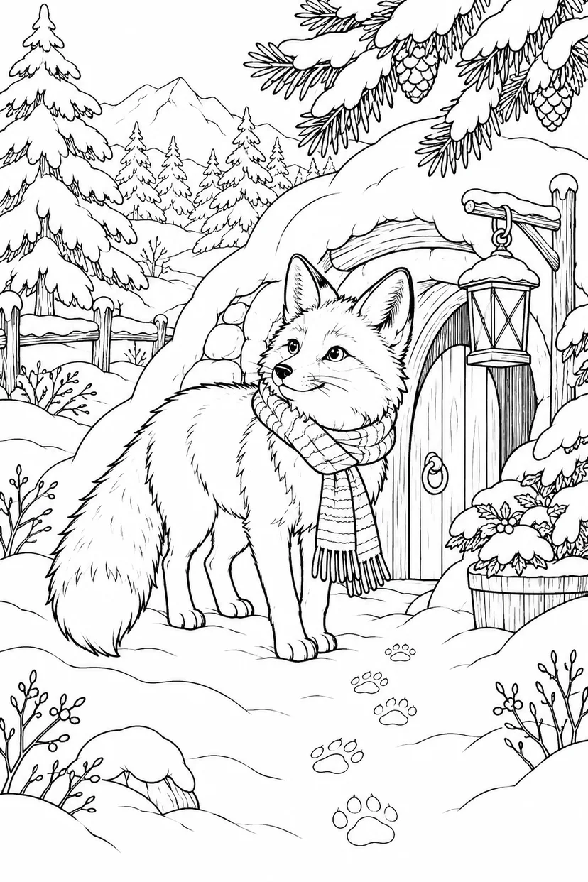 冬のきつねの森の家の塗り絵