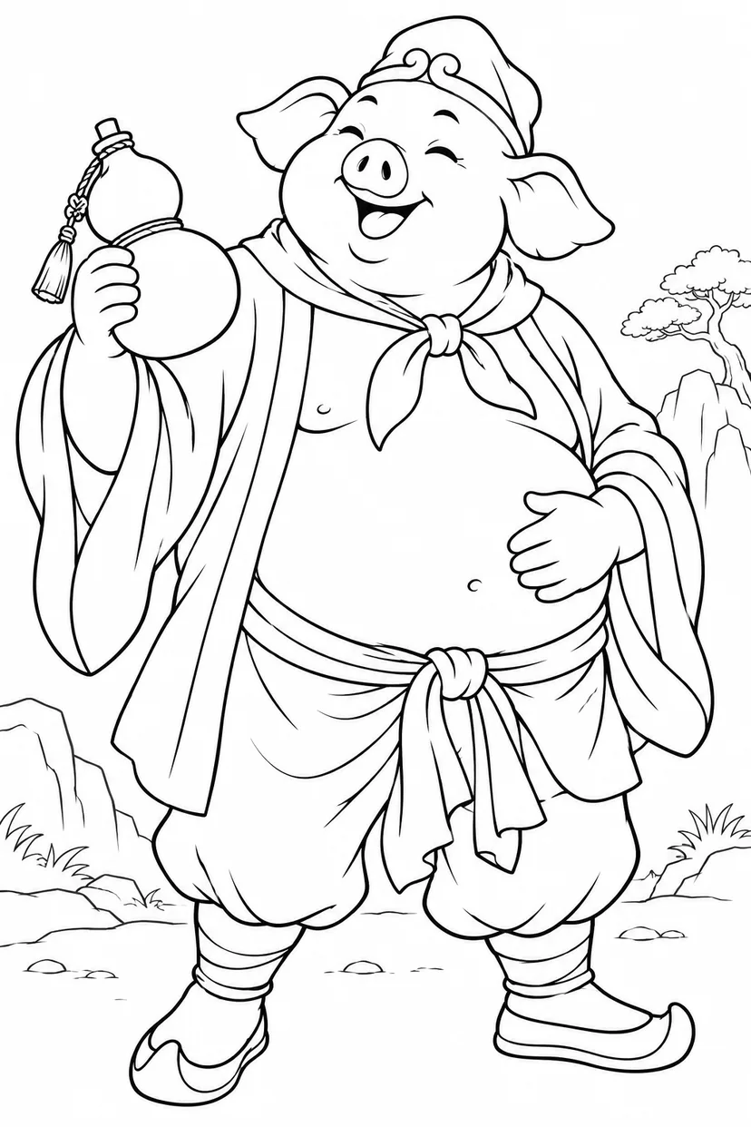 ほっこり西遊記：八戒とひょうたんの塗り絵