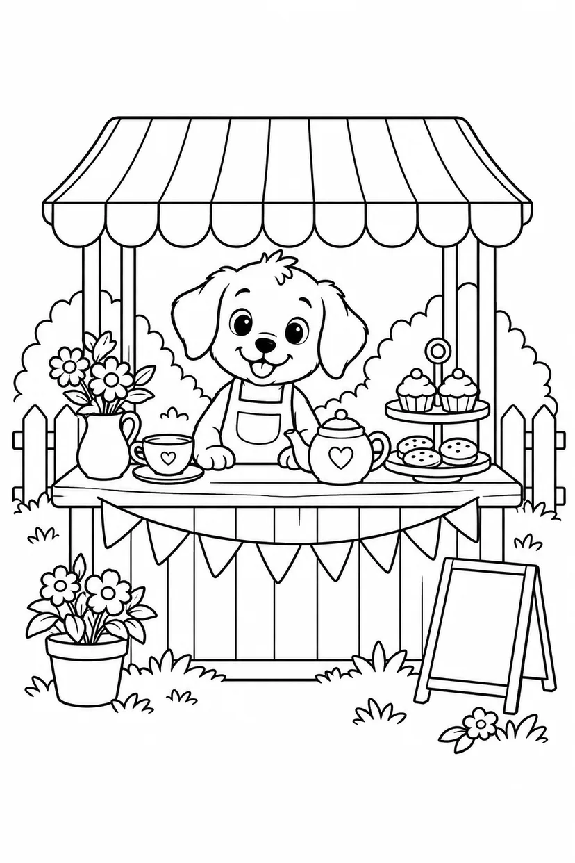 こいぬのお茶屋さんの屋台の塗り絵