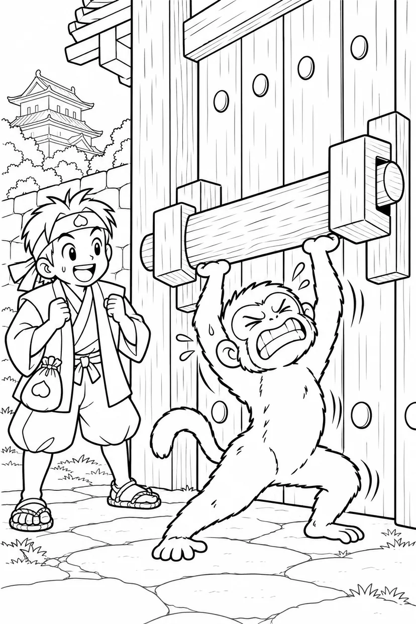 ギャグ桃太郎：猿の門開けと桃太郎の塗り絵