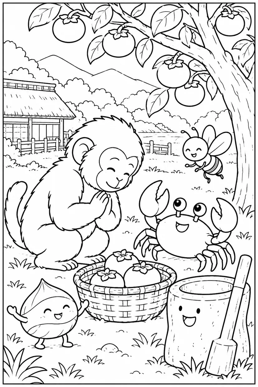 さるかに合戦 ほっこり：柿の木の下で仲直り