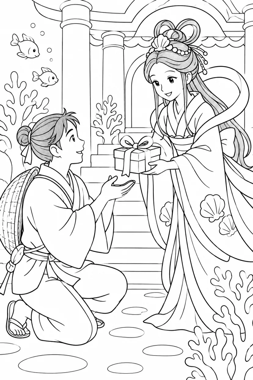 浦島太郎：玉手箱を受け取る（ほっこり）の塗り絵