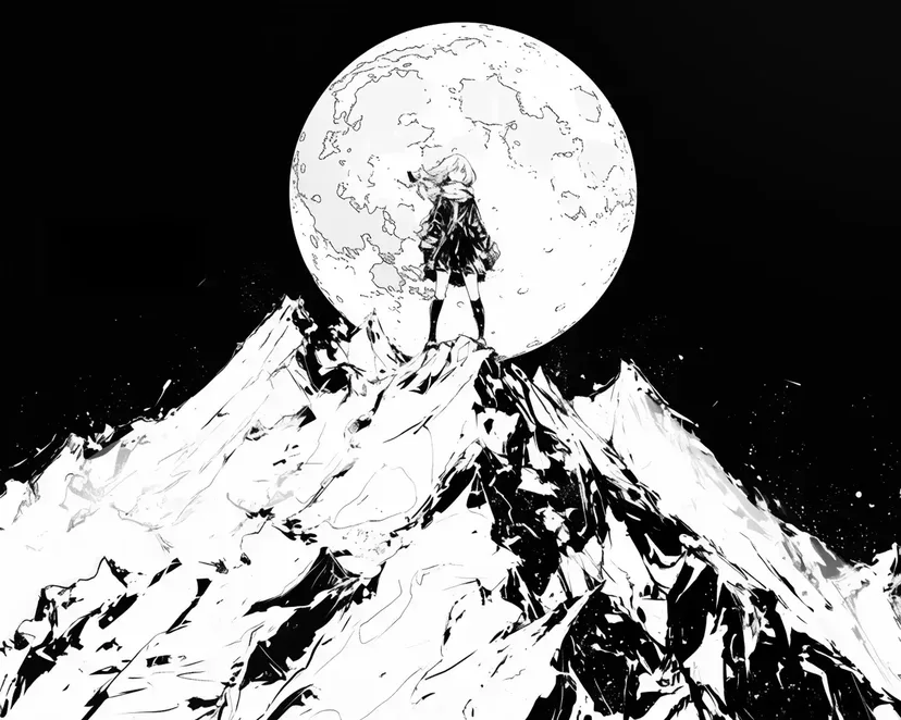Girl on the Mountain Peak and Full Moon coloring page