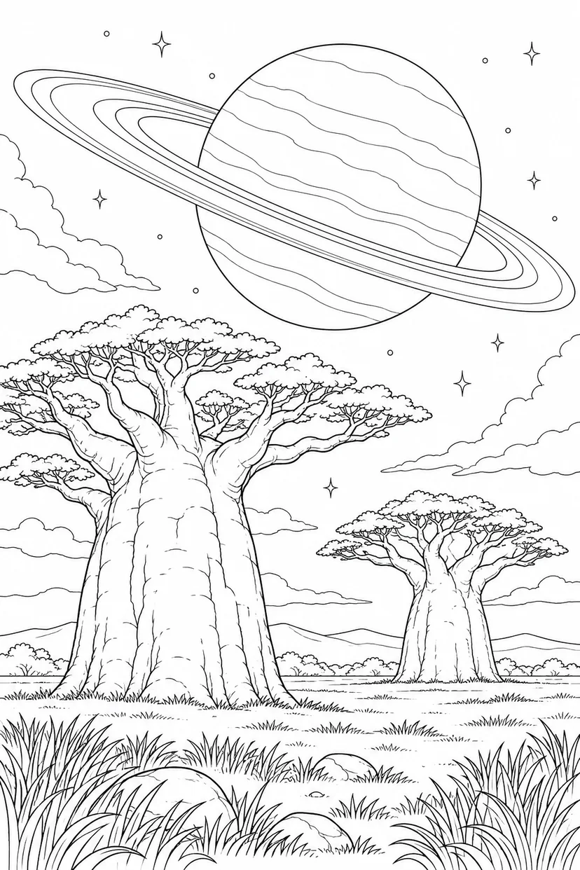 バオバブの平原と環のある惑星の塗り絵