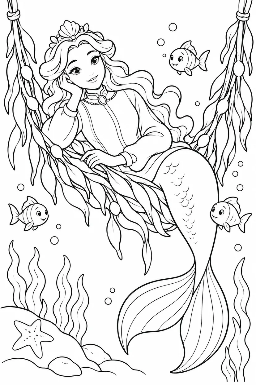 人魚姫：海藻ハンモックでひと休みの塗り絵