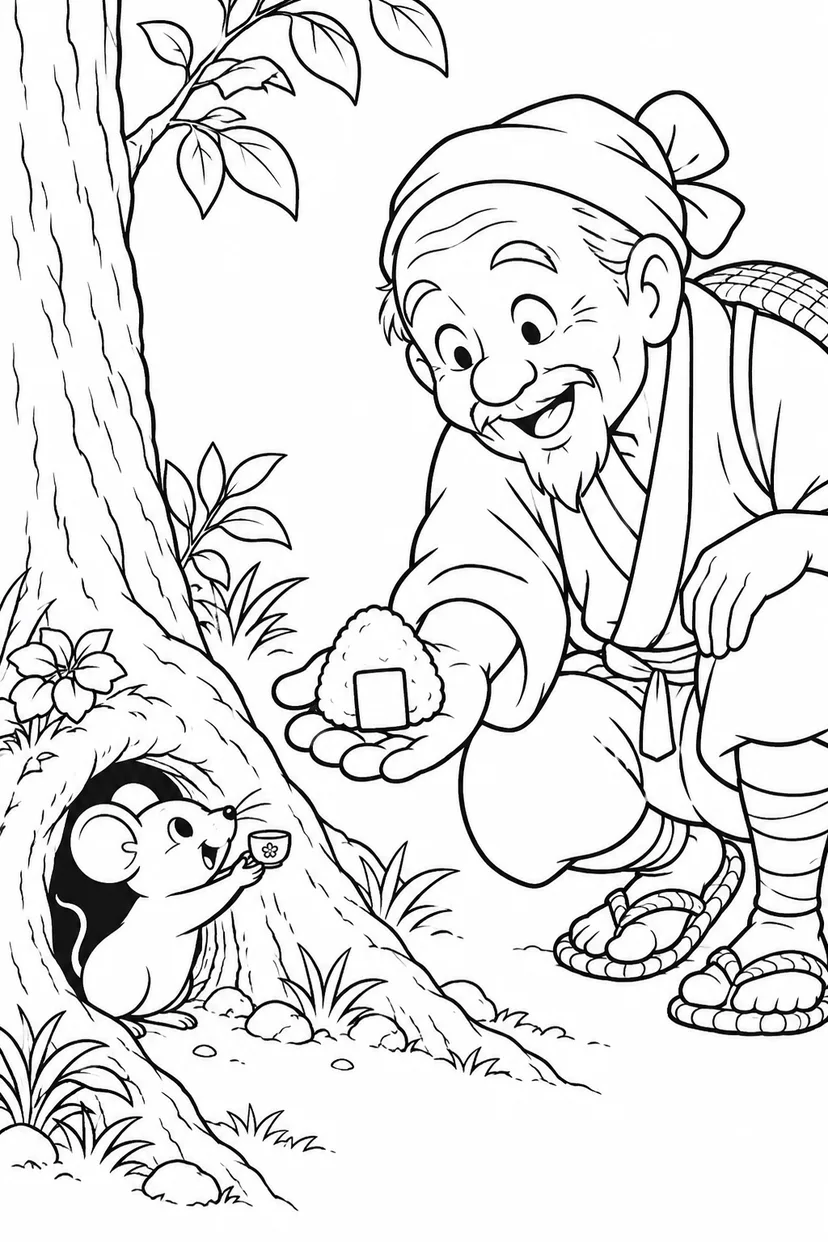 おむすびころりん・ギャグ：穴から顔を出すねずみの塗り絵