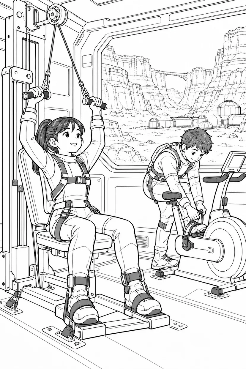 火星の峡谷基地：宇宙飛行士の運動室の塗り絵