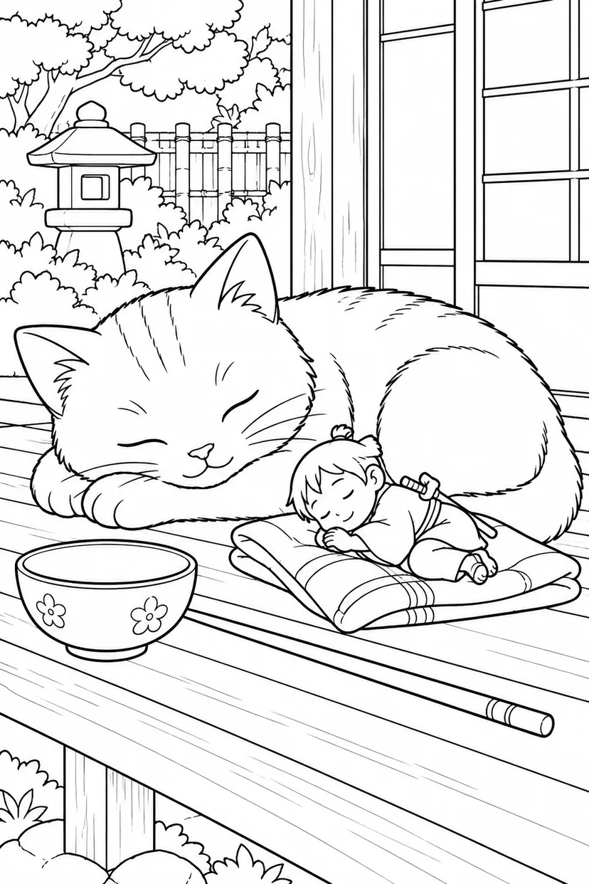 一寸法師・縁側で子ねことお昼寝の塗り絵