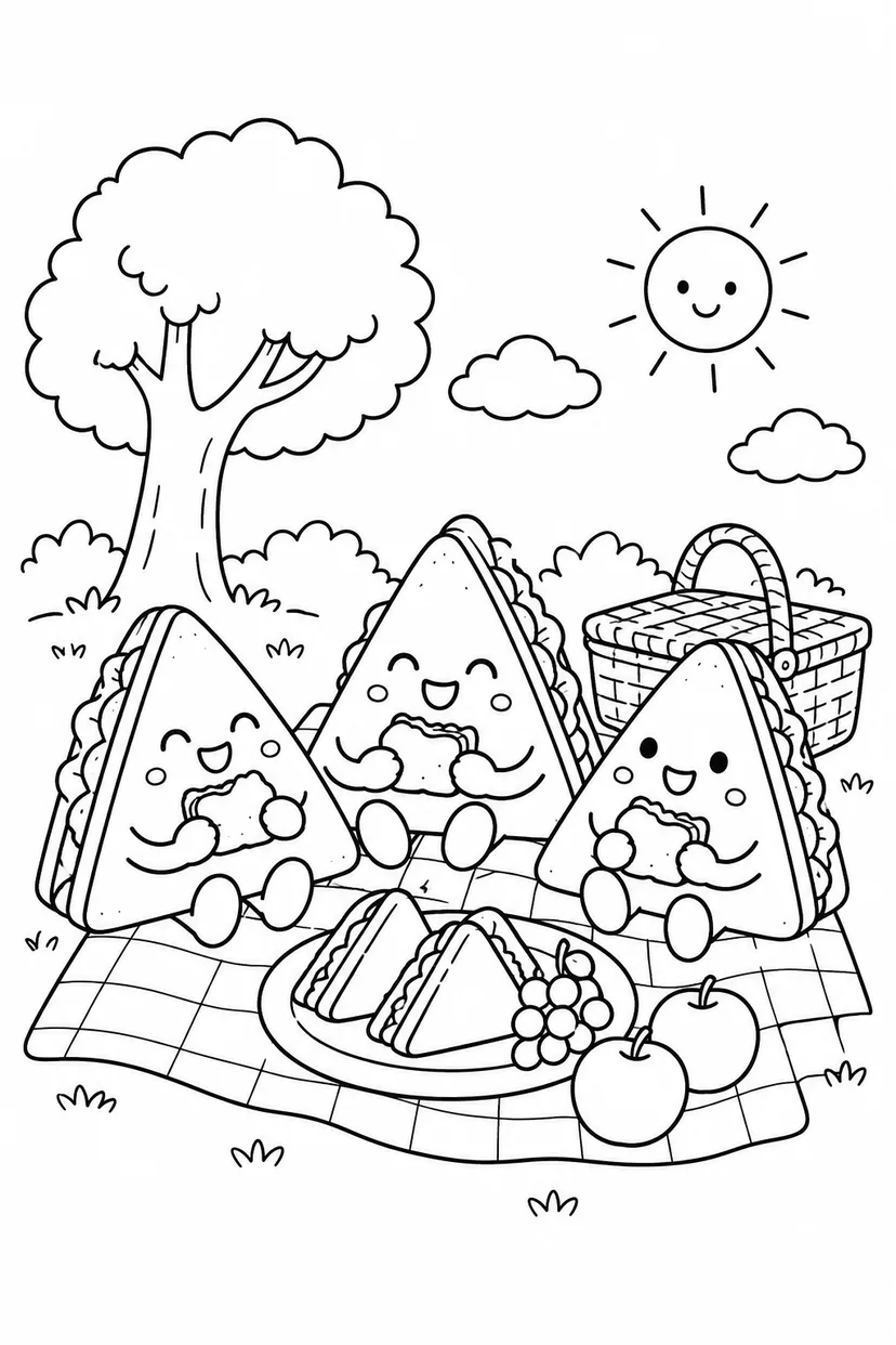 サンドイッチのピクニックの塗り絵