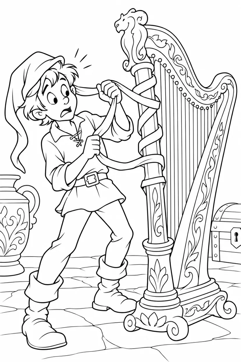 Jack and the Beanstalk・Comedy — A hat ribbon caught on the harp coloring page