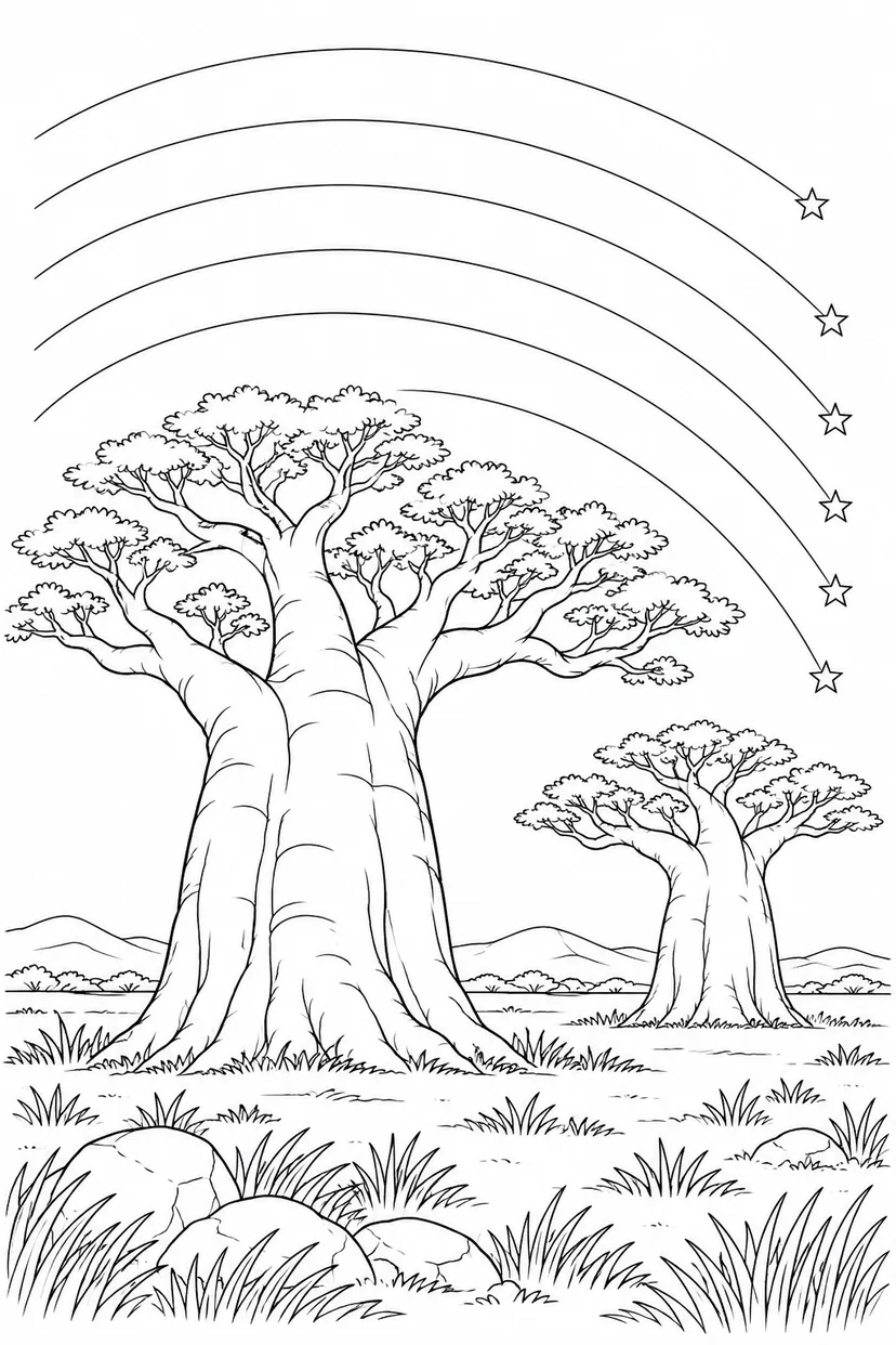バオバブの平原と星の軌跡の塗り絵