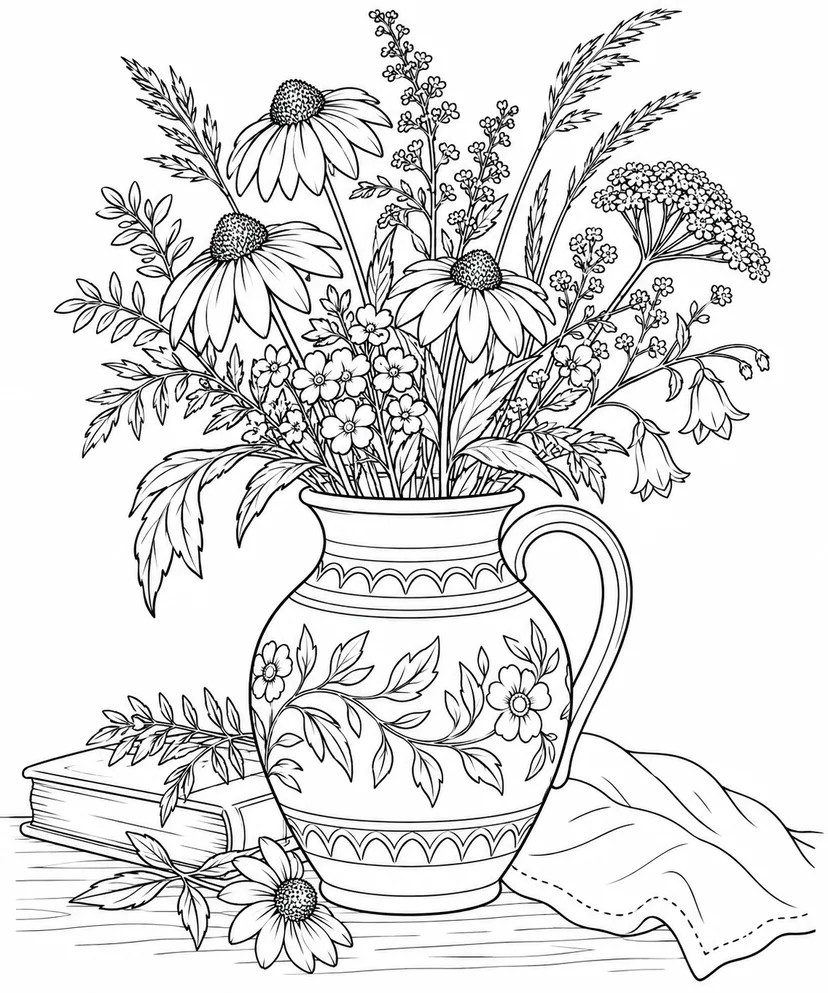 観察スケッチ：陶器の花瓶と草花の塗り絵
