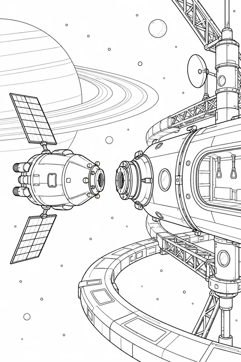 環のある惑星の軌道基地：補給船のドッキングの塗り絵