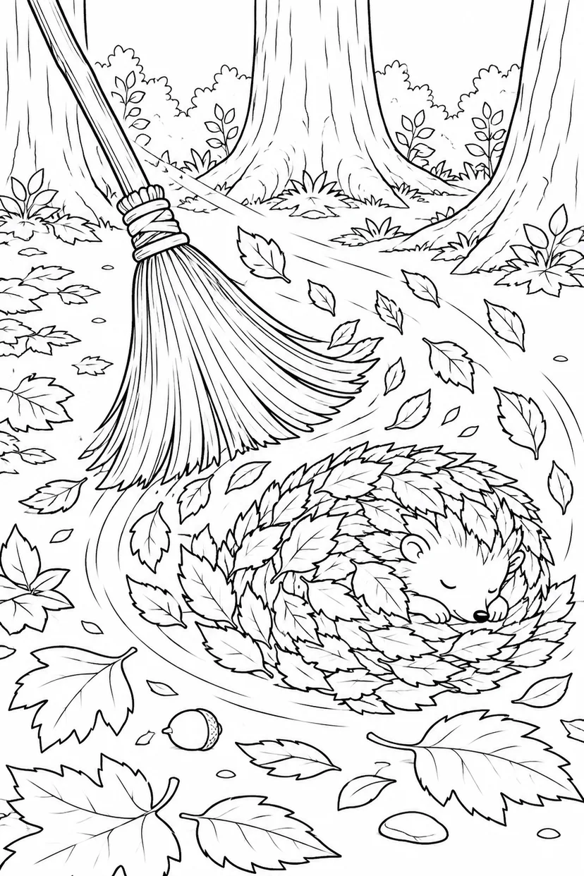 夜の森を掃くほうきの塗り絵