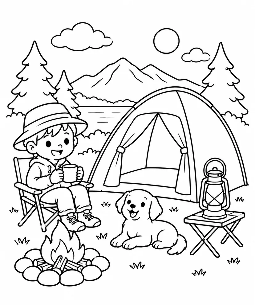 キャンプとテントの塗り絵