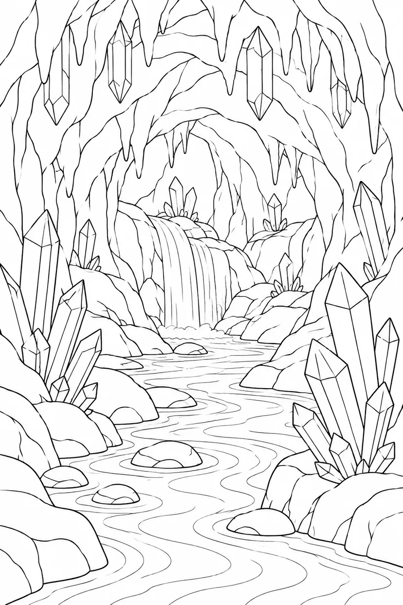 水晶の洞窟を流れる小川の塗り絵