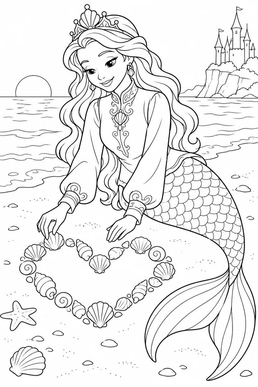 人魚姫：砂に並べた貝のハートの塗り絵