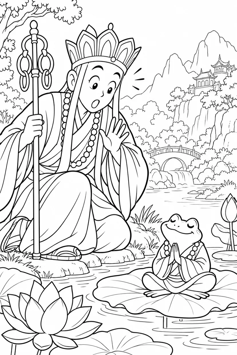 どたばた西遊記：三蔵と蓮の池の塗り絵