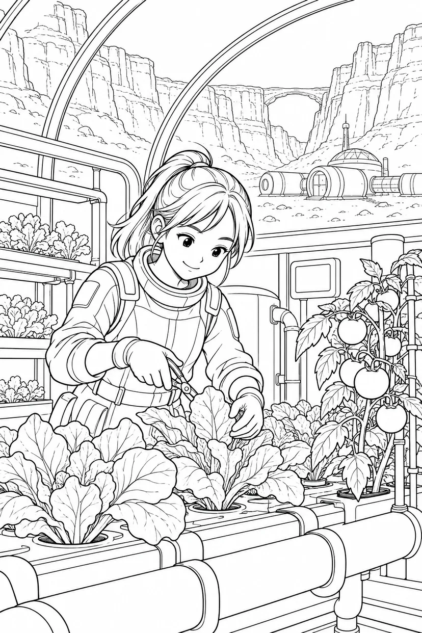 火星の峡谷基地：野菜を育てる温室の塗り絵