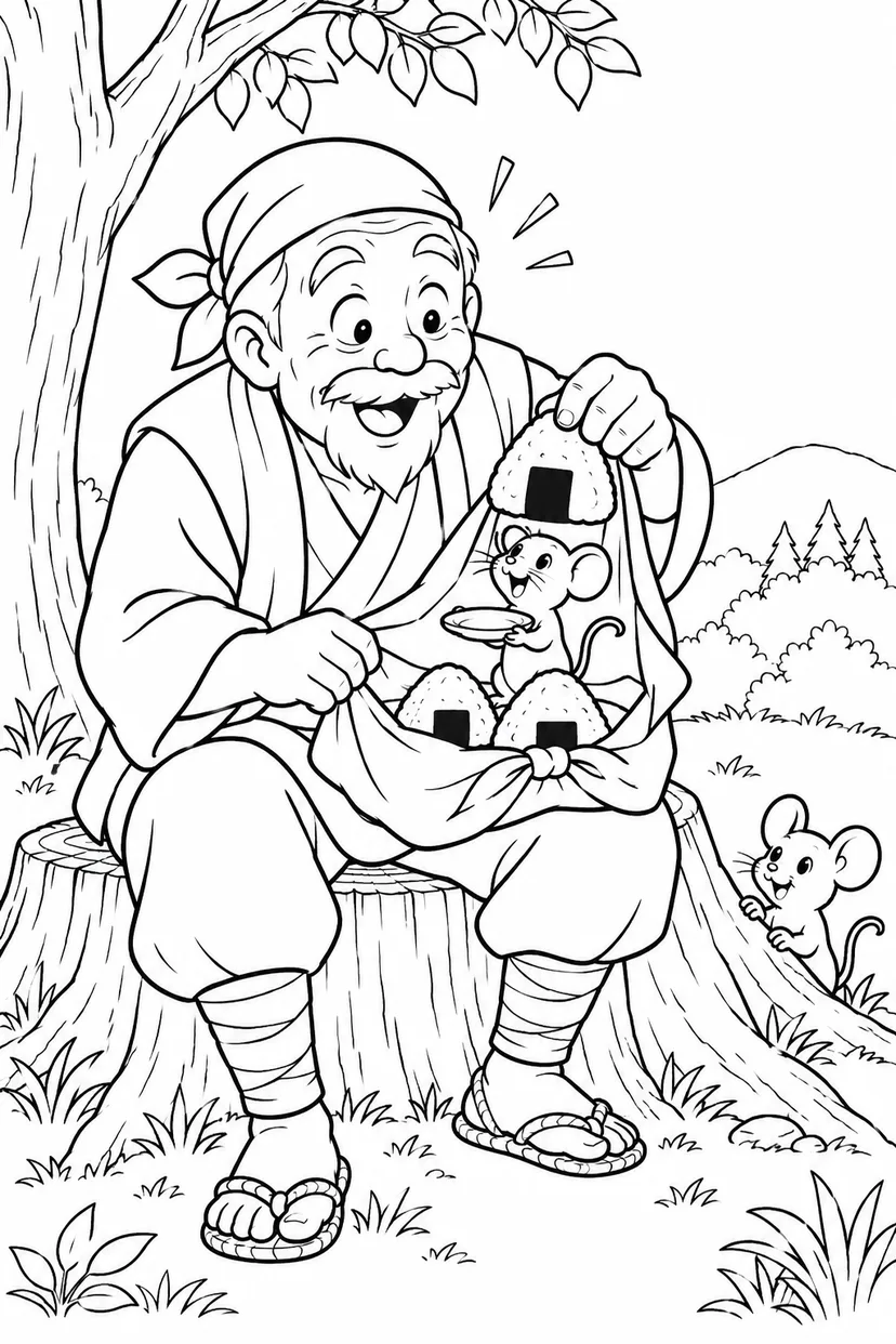 おむすびころりん・ギャグ：切り株でお昼ごはんの塗り絵
