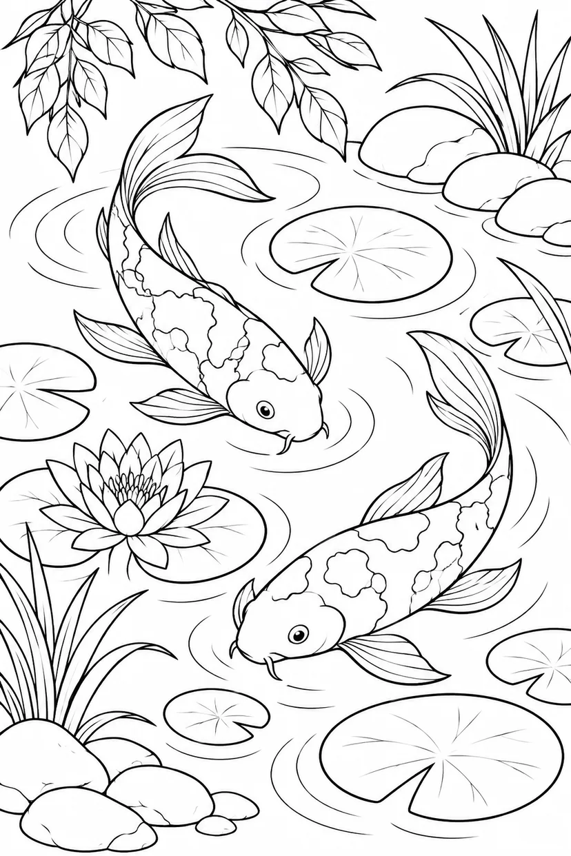 木陰の池を泳ぐ錦鯉の塗り絵
