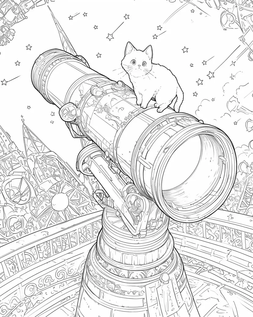 Dibujo de Gato en el Telescopio bajo el Cielo Estrellado para colorear
