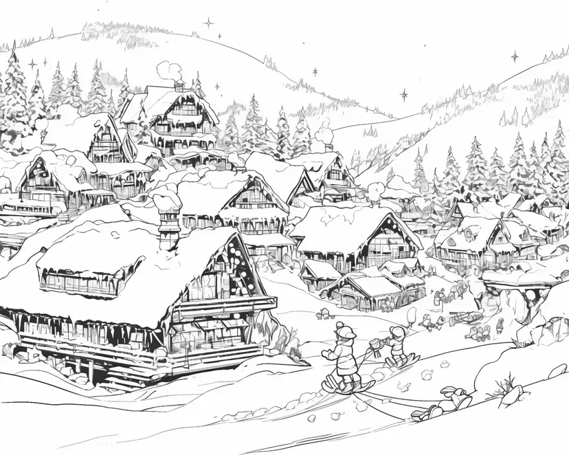 雪の村の塗り絵