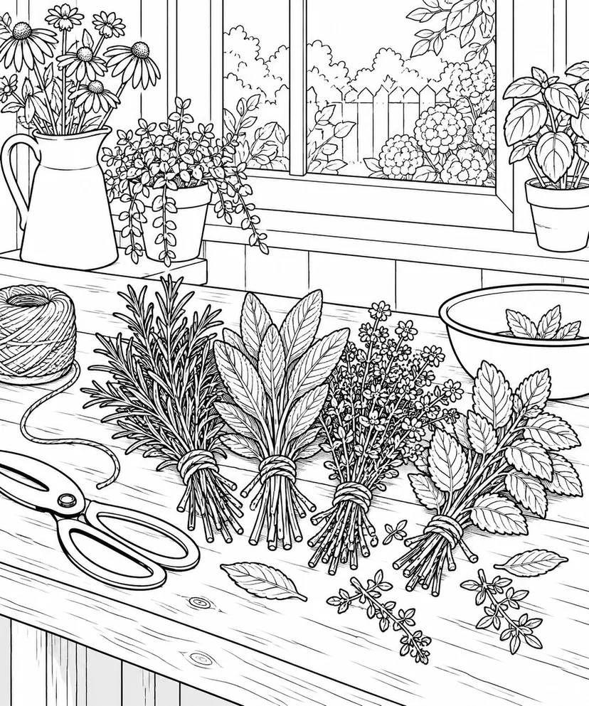 自然のひとこま：麻ひもで結んだハーブの塗り絵