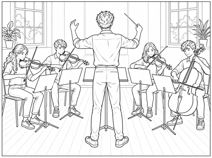 Coloriage Chef d’orchestre et quatuor à cordes
