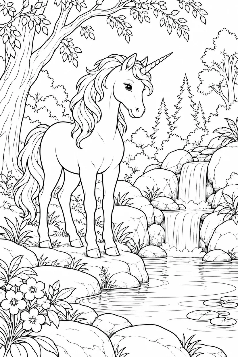 森の泉を守る若いユニコーンの塗り絵