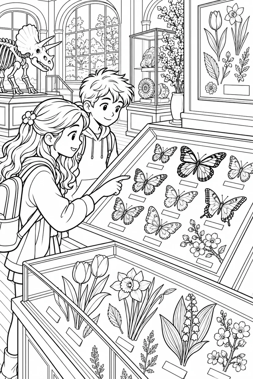 春の自然博物館の展示室の塗り絵