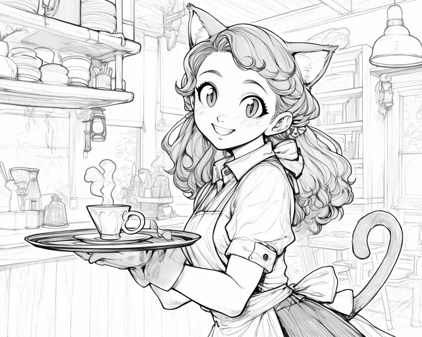 微笑的猫耳女服务员涂色页