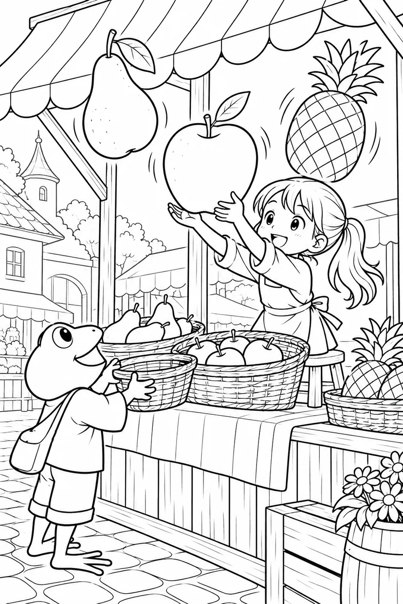 空に浮かぶ果物市場の塗り絵