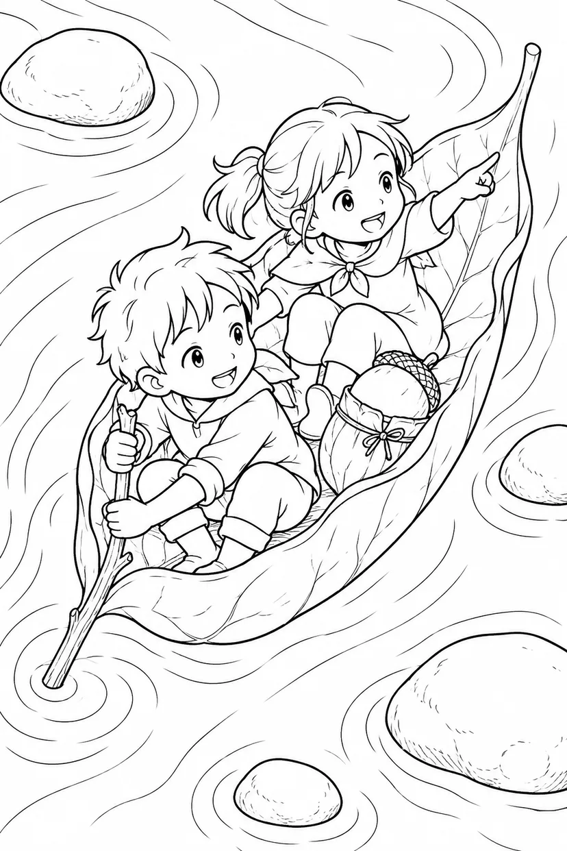 葉っぱの舟で川くだりの塗り絵