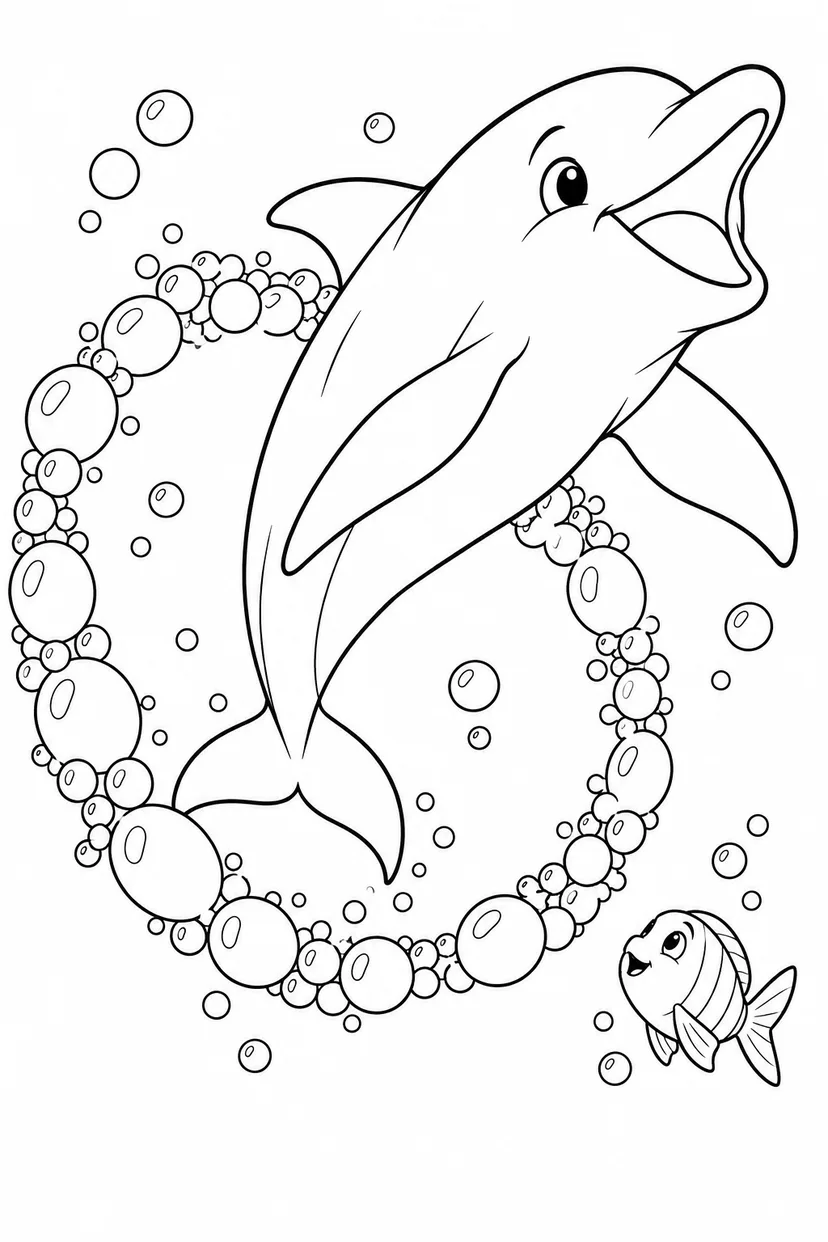 イルカの泡の輪くぐりの塗り絵