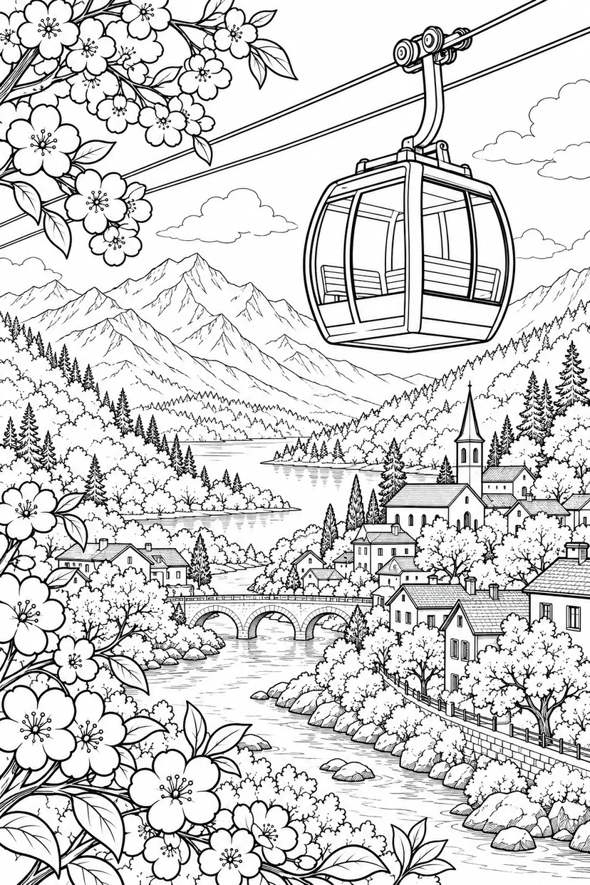 春のロープウェイの山旅の塗り絵