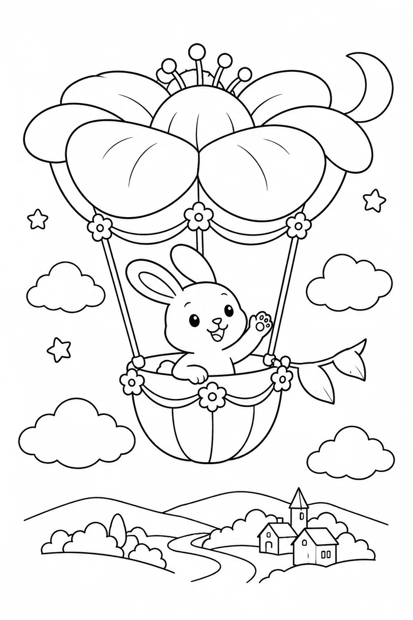 月のうさぎと花の飛行船の塗り絵