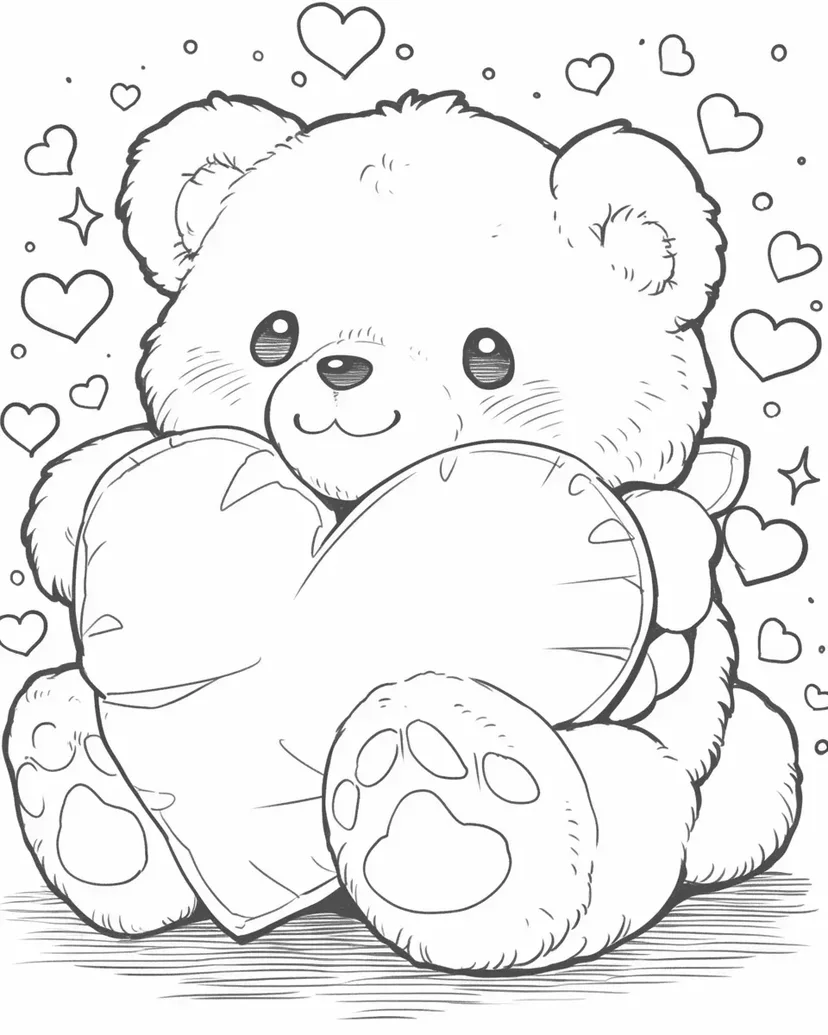 Desenho de Urso Fofo Abraçando um Coração para colorir