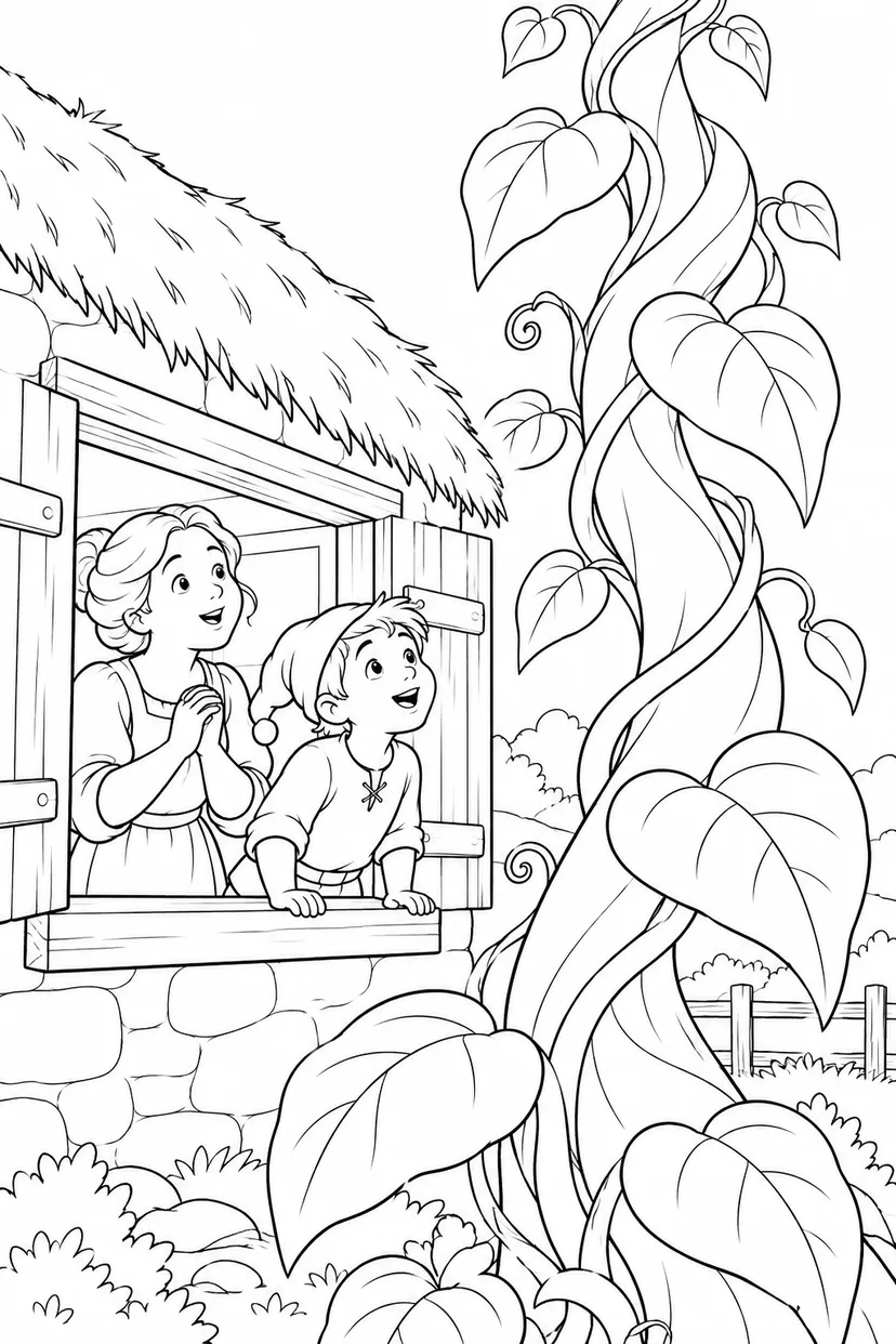 Jack and the Beanstalk・Heartwarming — The beanstalk outside the window coloring page