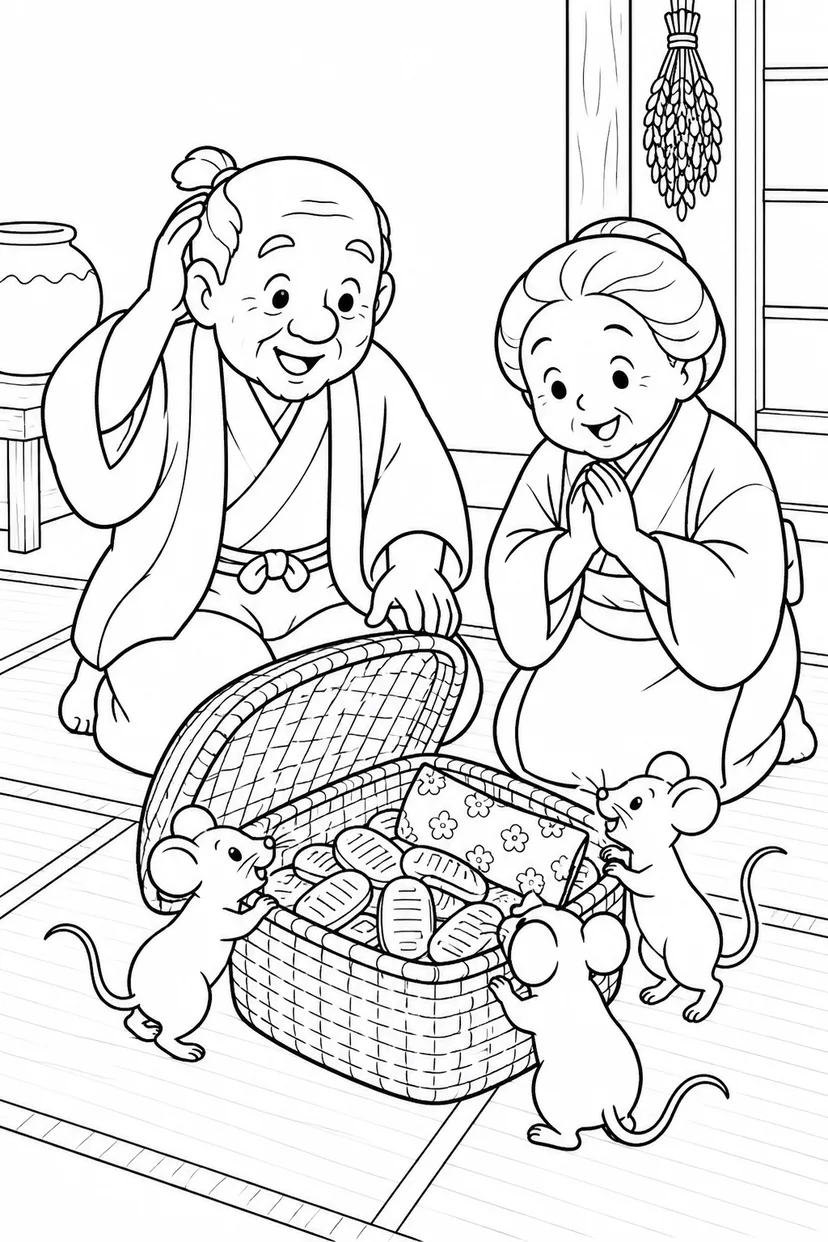 おむすびころりん・ほっこり：つづらの中の宝物の塗り絵
