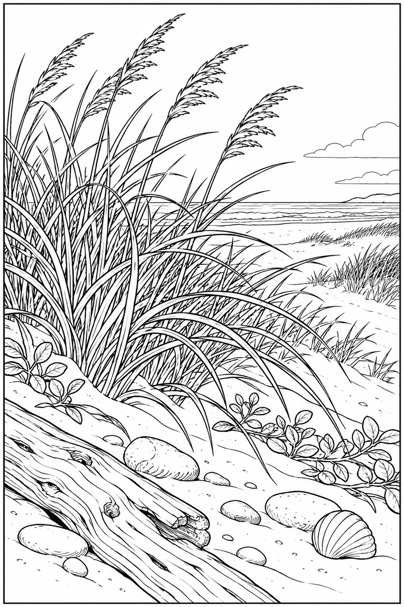観察スケッチ：浜草の生える砂丘の塗り絵