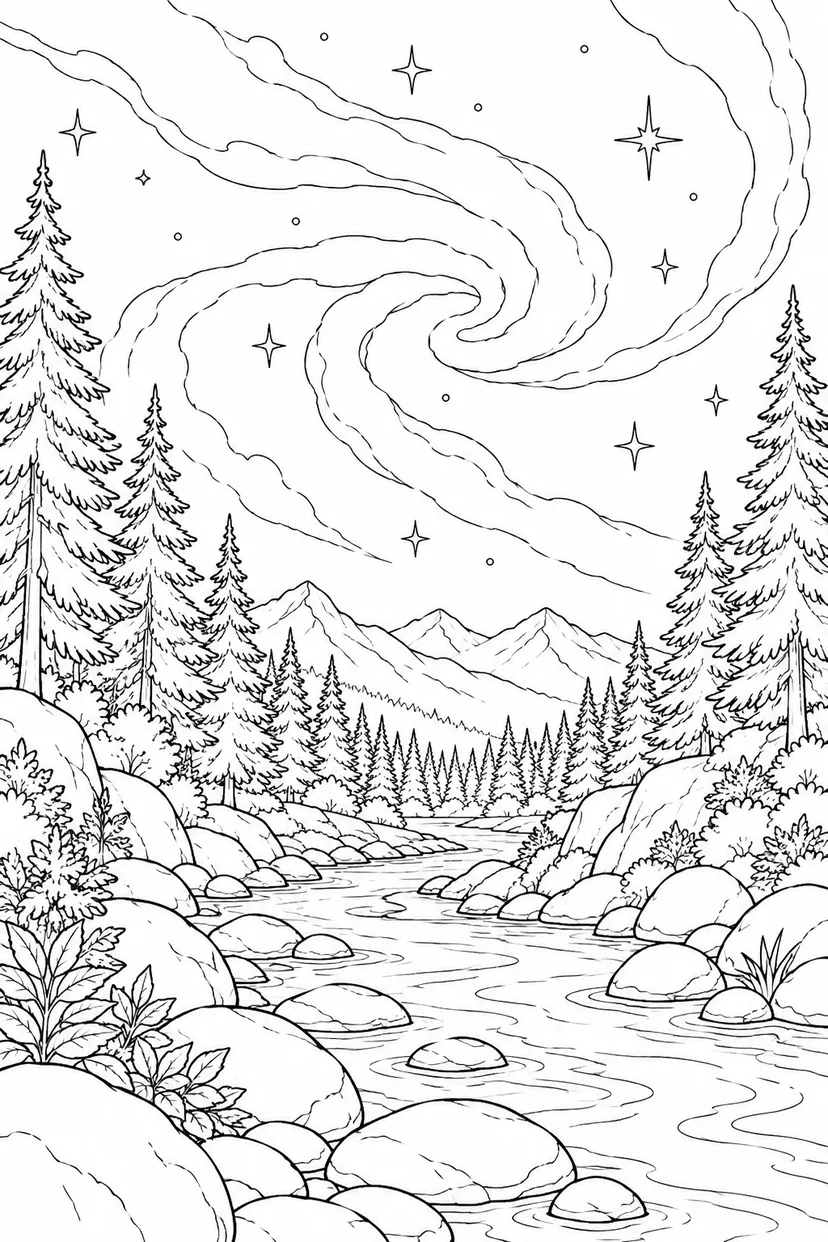 モミの森の渓流と星雲のゆらめきの塗り絵