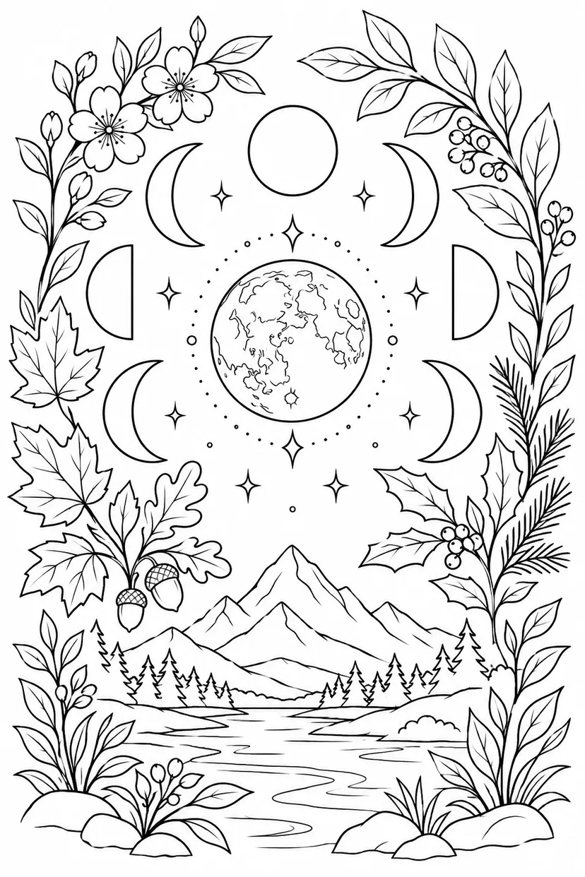 月の満ち欠けと季節の葉の塗り絵