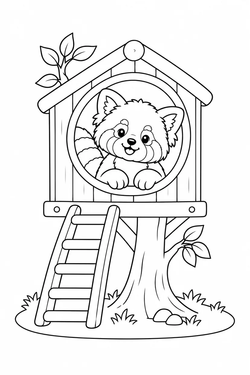 レッサーパンダの木のおうちの塗り絵