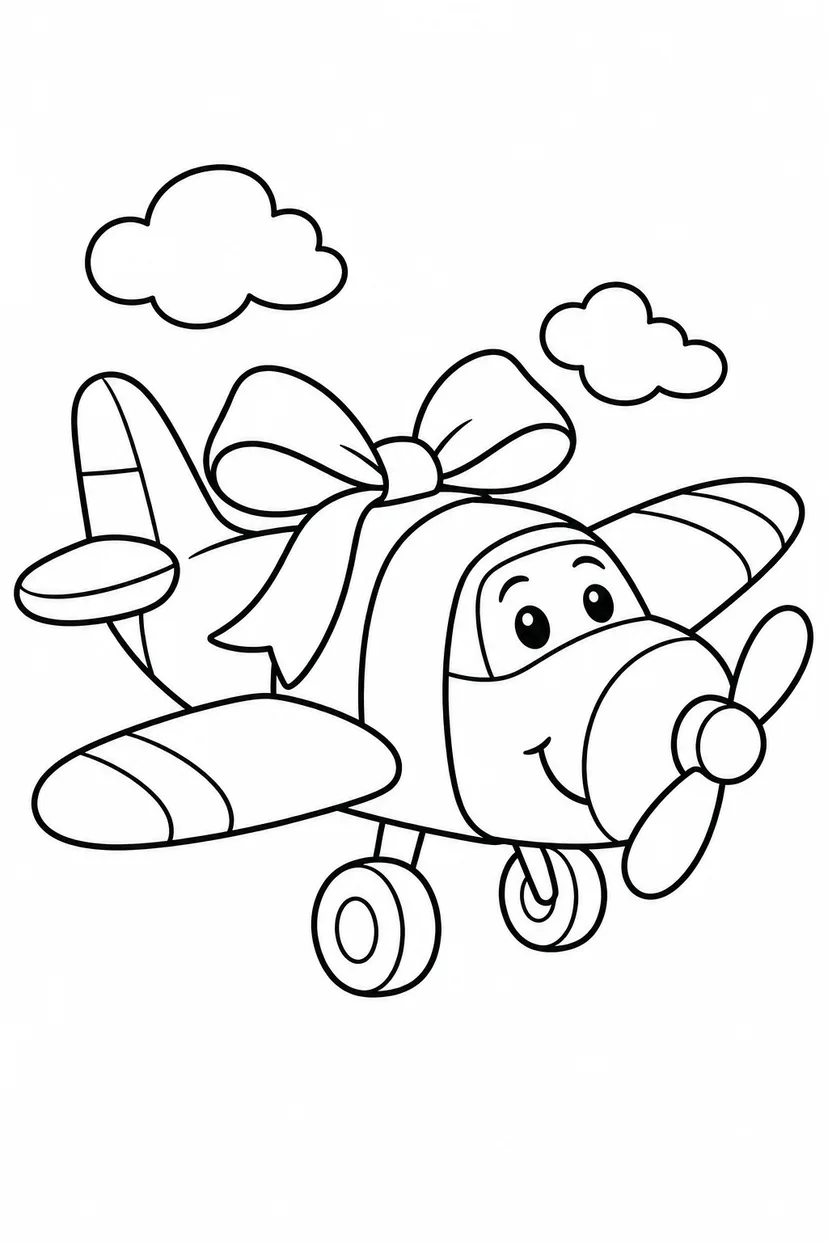 おもちゃのひこうきと大きなリボンの塗り絵