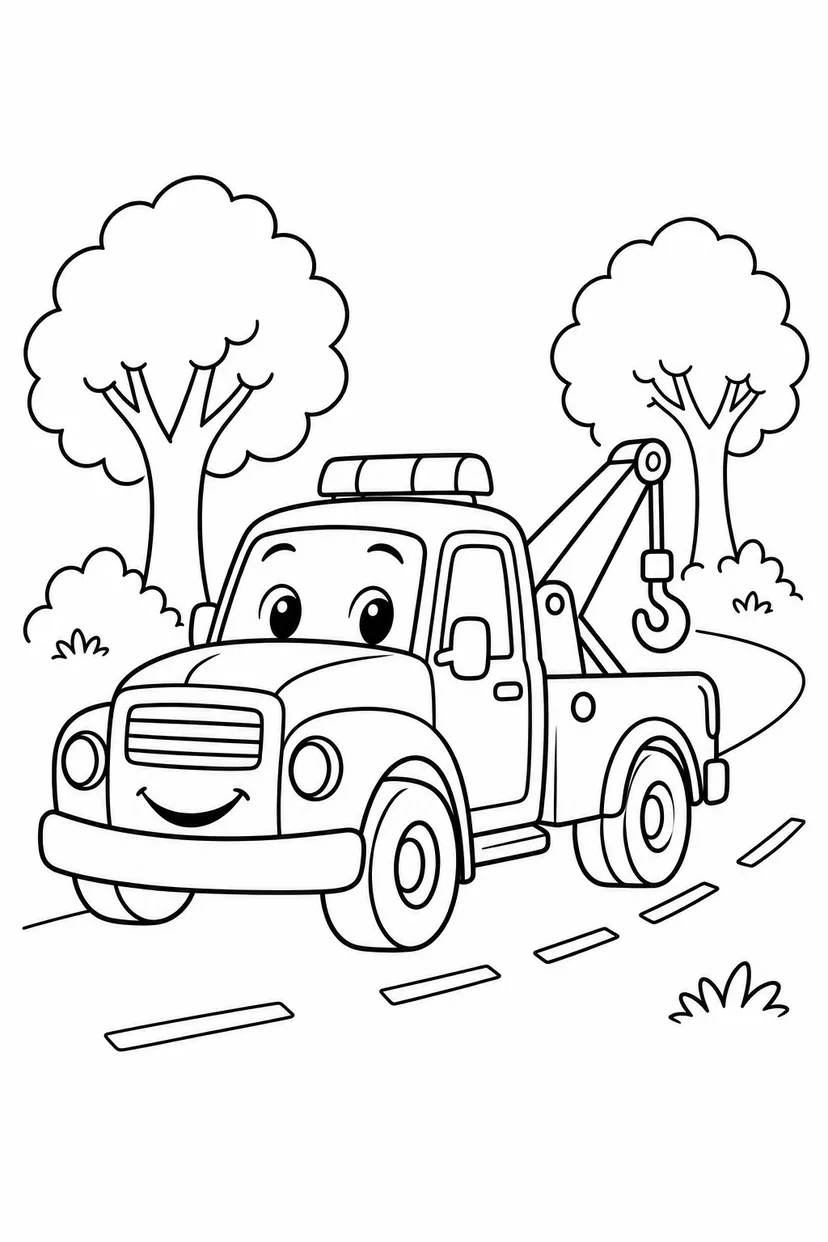レッカー車と森の道の塗り絵