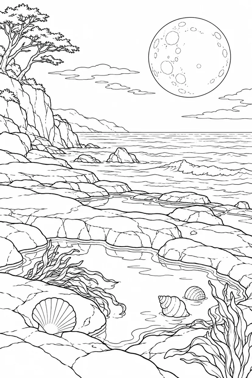 潮だまりの岩礁と満月の塗り絵