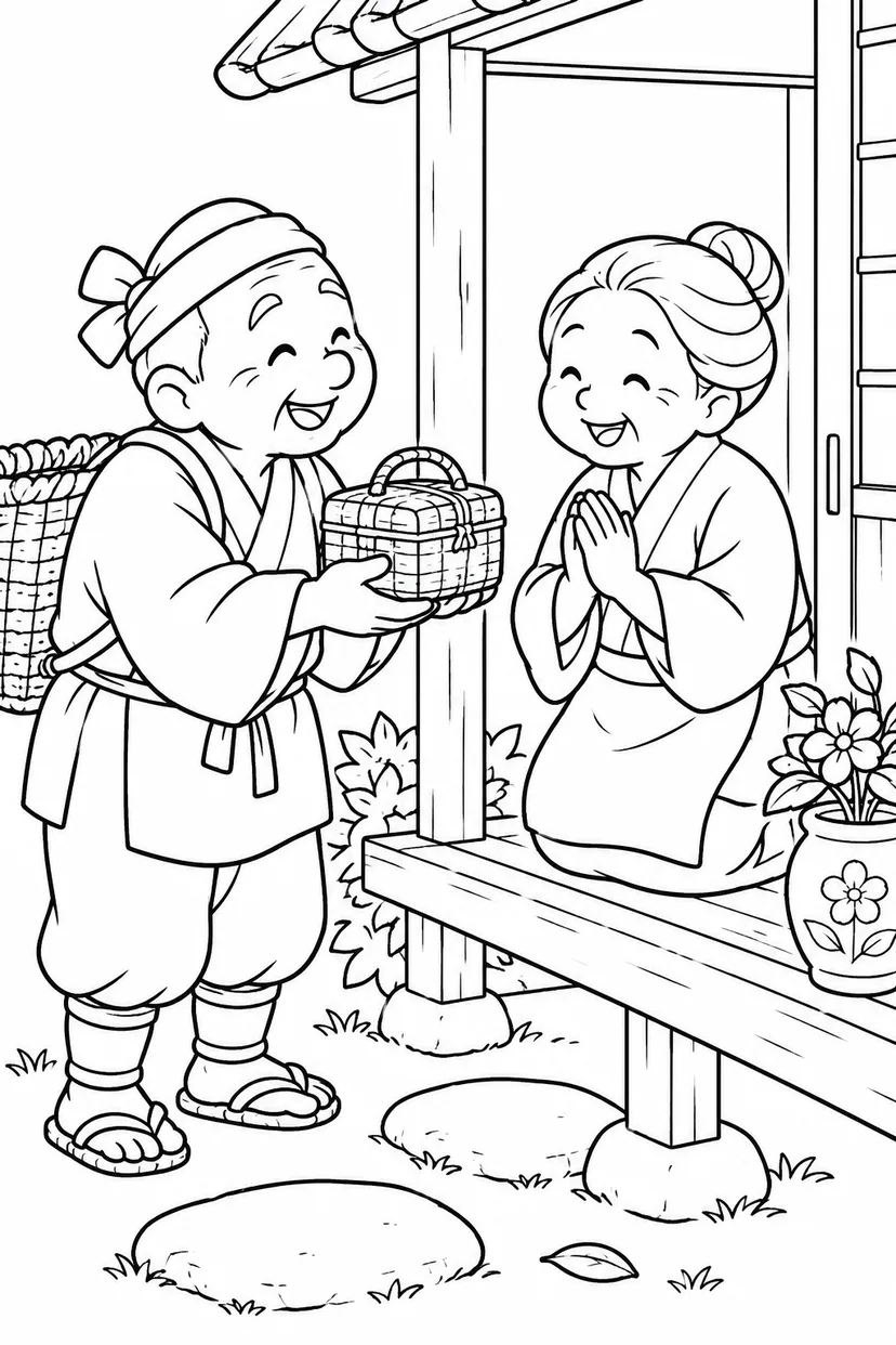 おむすびころりん・ほっこり：おばあさんへのおみやげの塗り絵