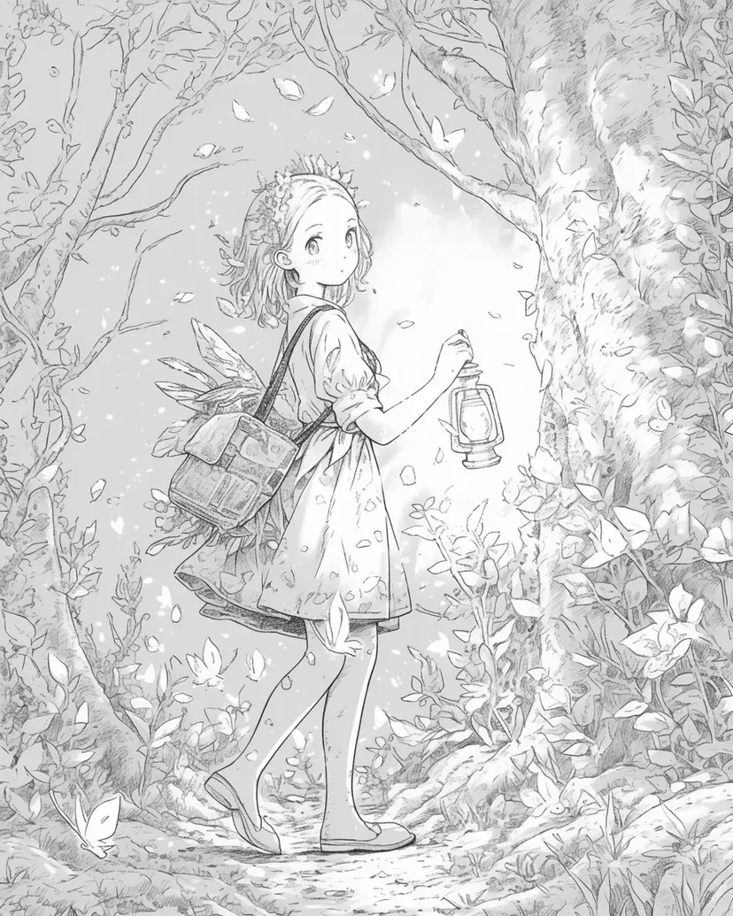 神秘森林中的女孩涂色页