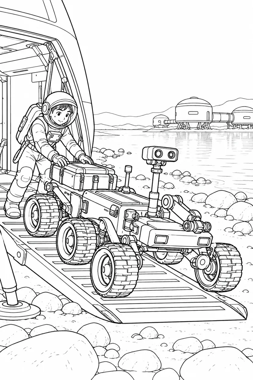 タイタンの湖畔基地：探査車の出発準備の塗り絵